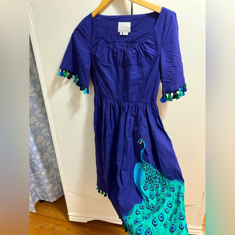 Kate Spade New York Peacock Tassel Dress | Size 4 | Royal Purple Cotton Midi